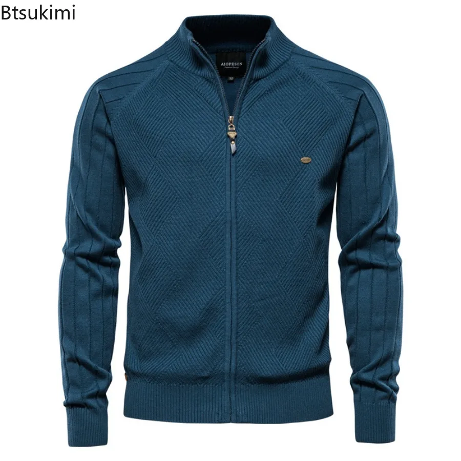 New 2025 Men's Solid Cardigans Casual Quality Zipper Stand Collar Sweater Coats Autumn Winter Fashion Basic Cotton Sweaters Male