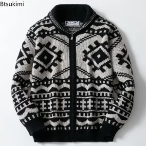 New Men Clothing Autumn Winter Vintage Jacquard Knitted Sweater Jackets Long Sleeve Zipper Casual Cardigans Coats Men Streetwear