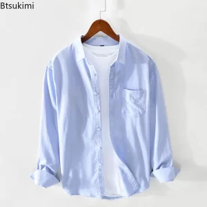 2025 Men's Clothing Solid Oxford 100% Cotton Long Sleeve Shirts Vintage Simple Casual Shirt Coats Fashion All-match Male Shirts