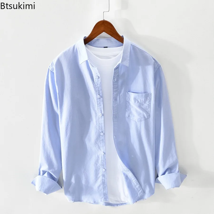 2025 Men's Clothing Solid Oxford 100% Cotton Long Sleeve Shirts Vintage Simple Casual Shirt Coats Fashion All-match Male Shirts